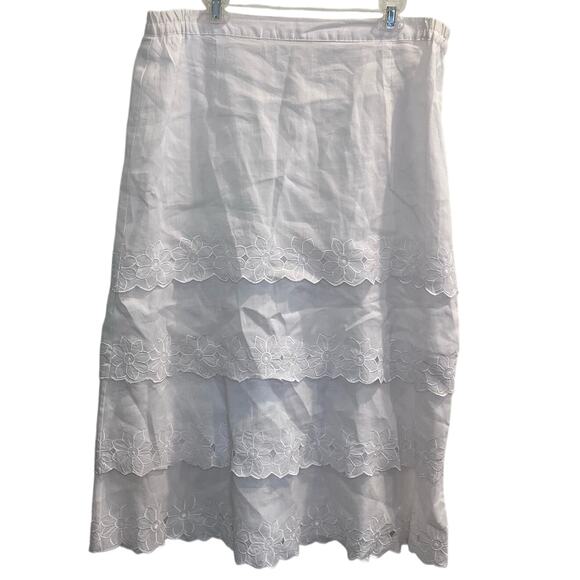 Women’s White Linen Floral Embroidered Tiered Midi Skirt‎ Size 18P Cottage, - Picture 1 of 7